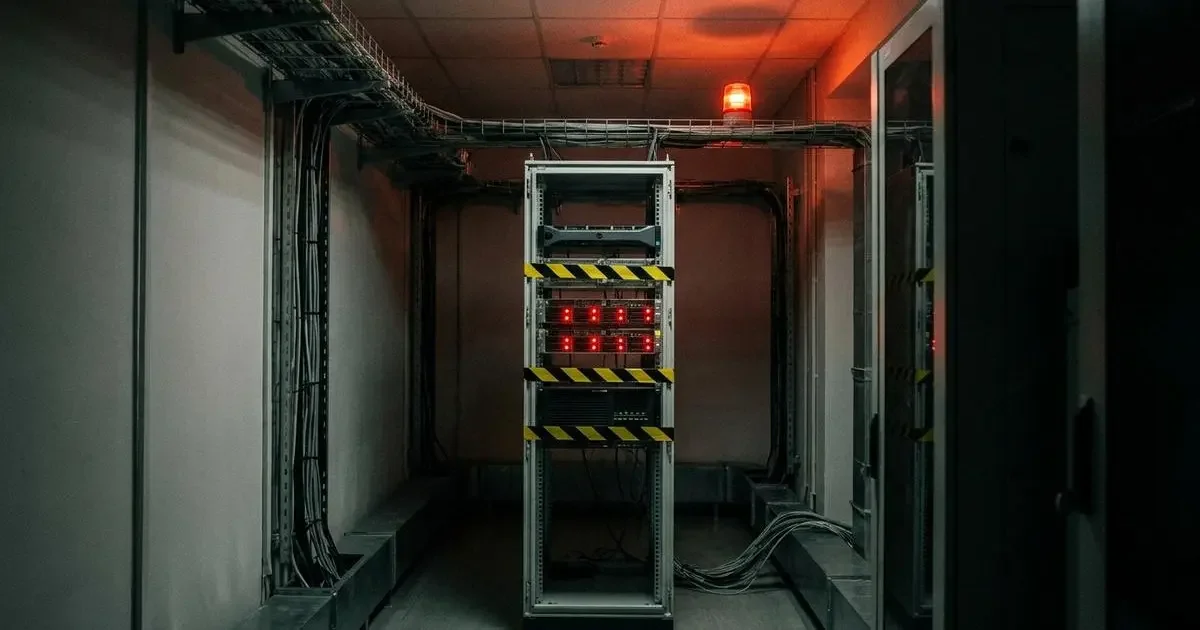 Dunkler Serverraum, ein Rack ist mit gelb-schwarzem Warnband abgesperrt, rote Warnleuchten leuchten.