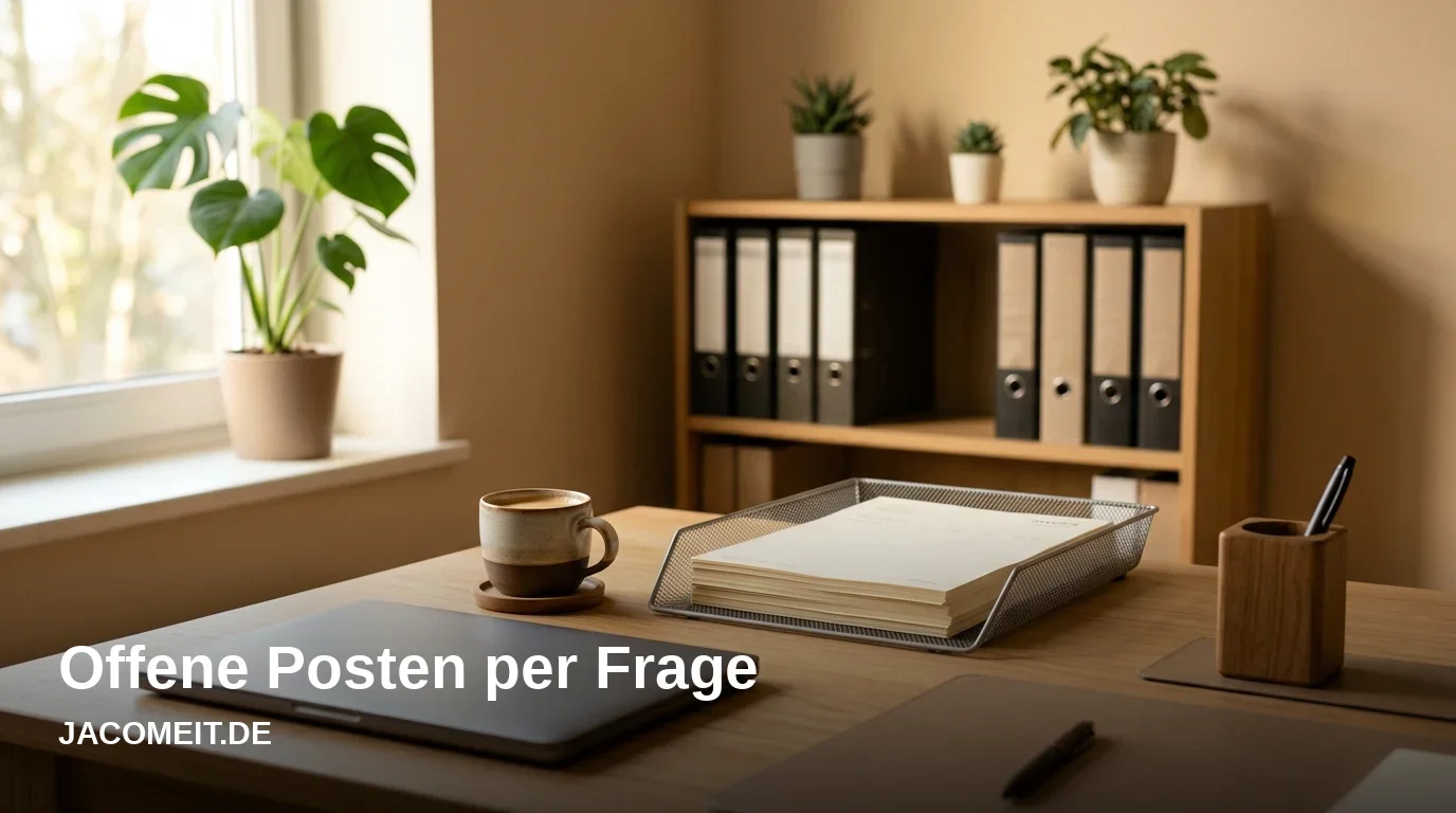 Aufgeräumter Schreibtisch mit Laptop, Aktenordnern und einer Tasse Kaffee im Morgenlicht